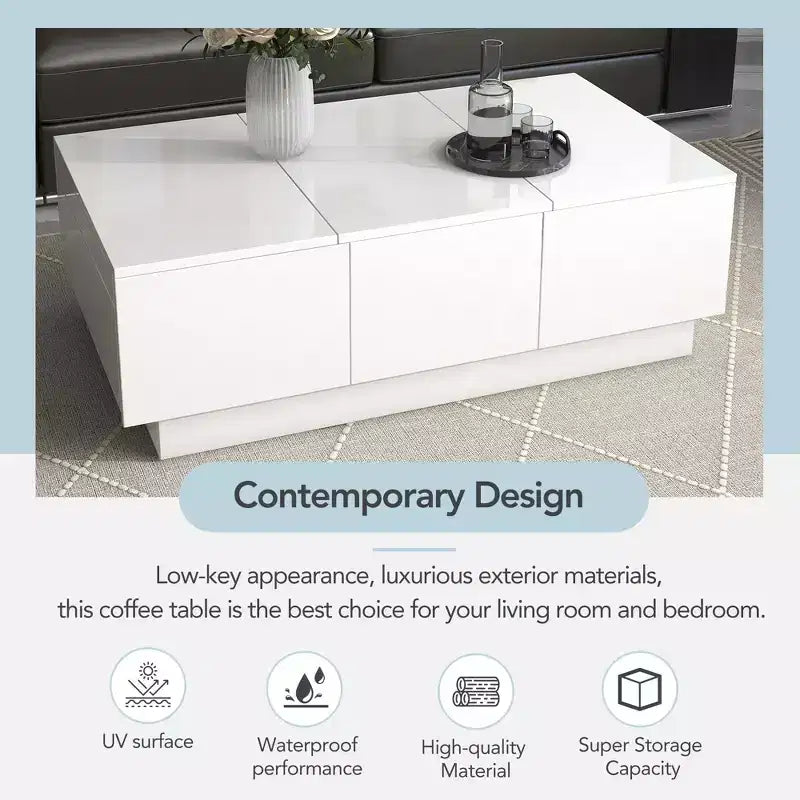 Table Basse Rectangulaire Extensible avec 4 Tiroirs, Rangement Dissimulé et Plateau Coulissant Brillant Anti-UV