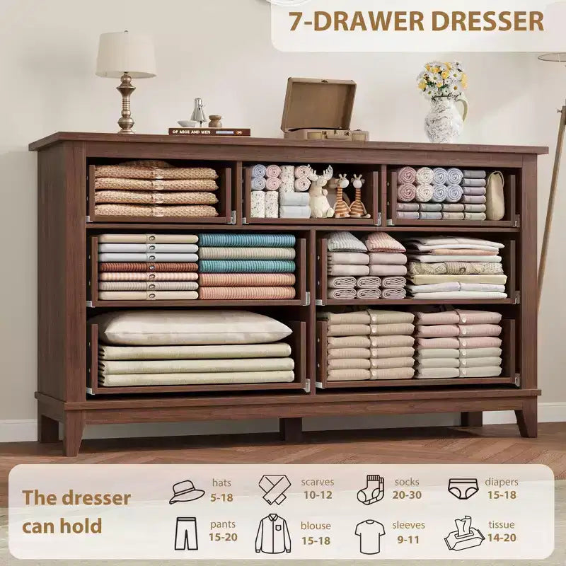 Commode de Chambre à Coucher à 7 Tiroirs, Grande Commode de Rangement Autoportante de 137 cm de Large, Commode de Rangement en Bois