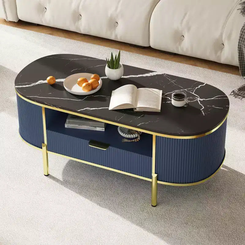 Table basse à motifs d'ondes circulairesTable basse avec tiroir, pour salon, pieds en métal doré,