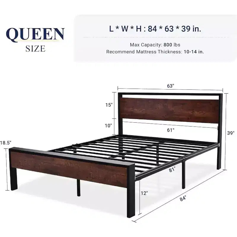Cadre de lit plateforme avec tête de lit et pied de lit Rangement sous le lit Aucun sommier tapissier requis 12 lattes métalliques Sans bruit