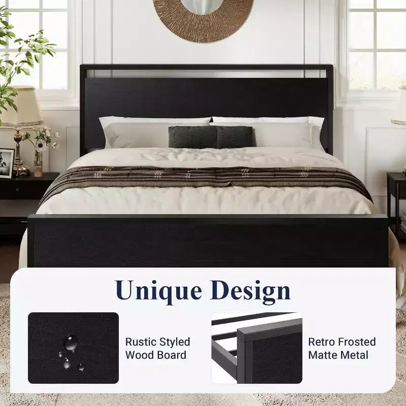 Cadre de lit plateforme avec tête de lit et pied de lit Rangement sous le lit Aucun sommier tapissier requis 12 lattes métalliques Sans bruit
