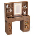 Large vanity table with sliding mirror and three-color lights, featuring storage drawers, shelves, cabinets, and ports, made of MDF, easy to assemble