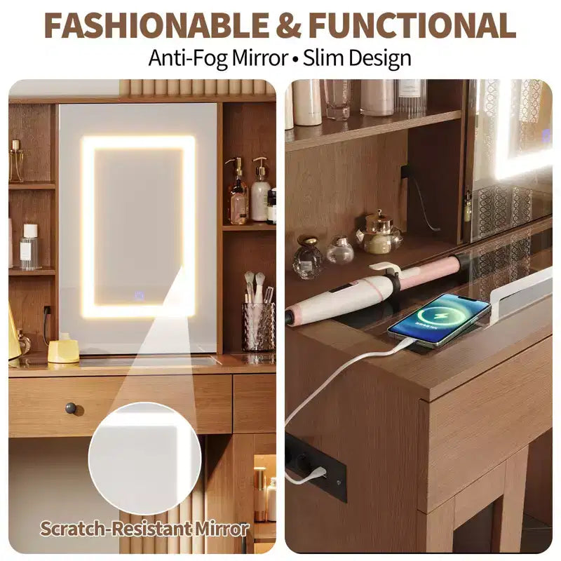 Grande coiffeuse avec miroir coulissant et éclairage tricolore, comprenant des tiroirs de rangement, des étagères, des placards et des ports, en MDF, facile à assembler