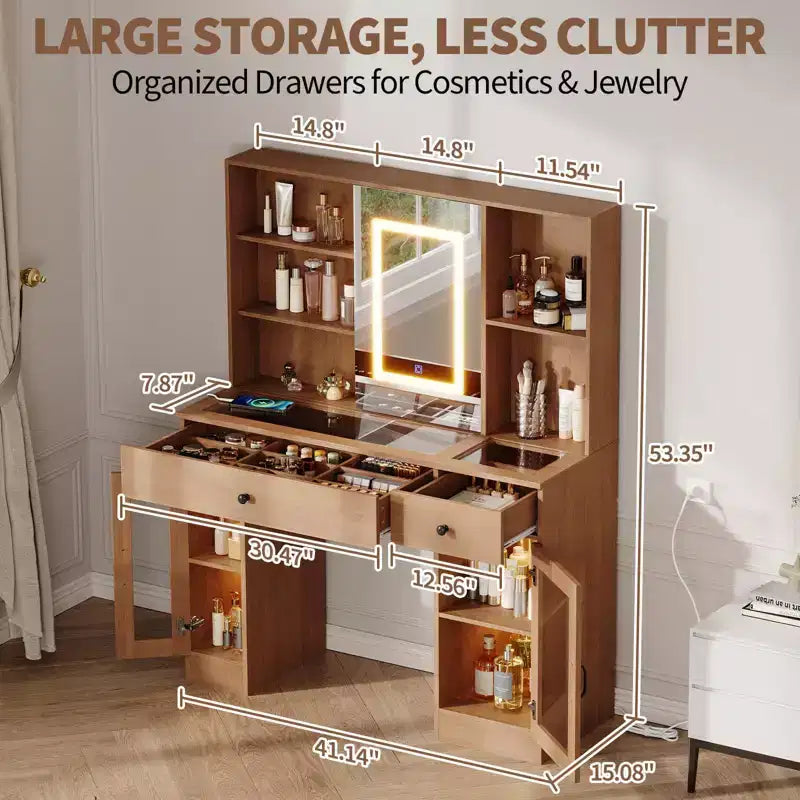 Grande coiffeuse avec miroir coulissant et éclairage tricolore, comprenant des tiroirs de rangement, des étagères, des placards et des ports, en MDF, facile à assembler