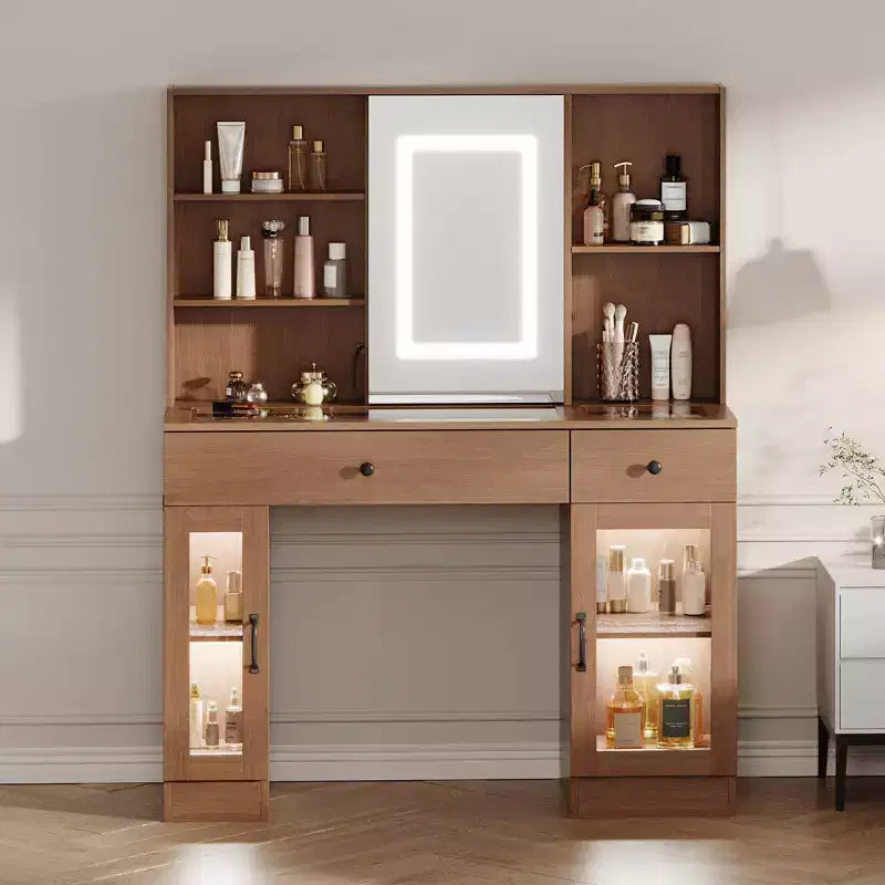 Grande coiffeuse avec miroir coulissant et éclairage tricolore, comprenant des tiroirs de rangement, des étagères, des placards et des ports, en MDF, facile à assembler