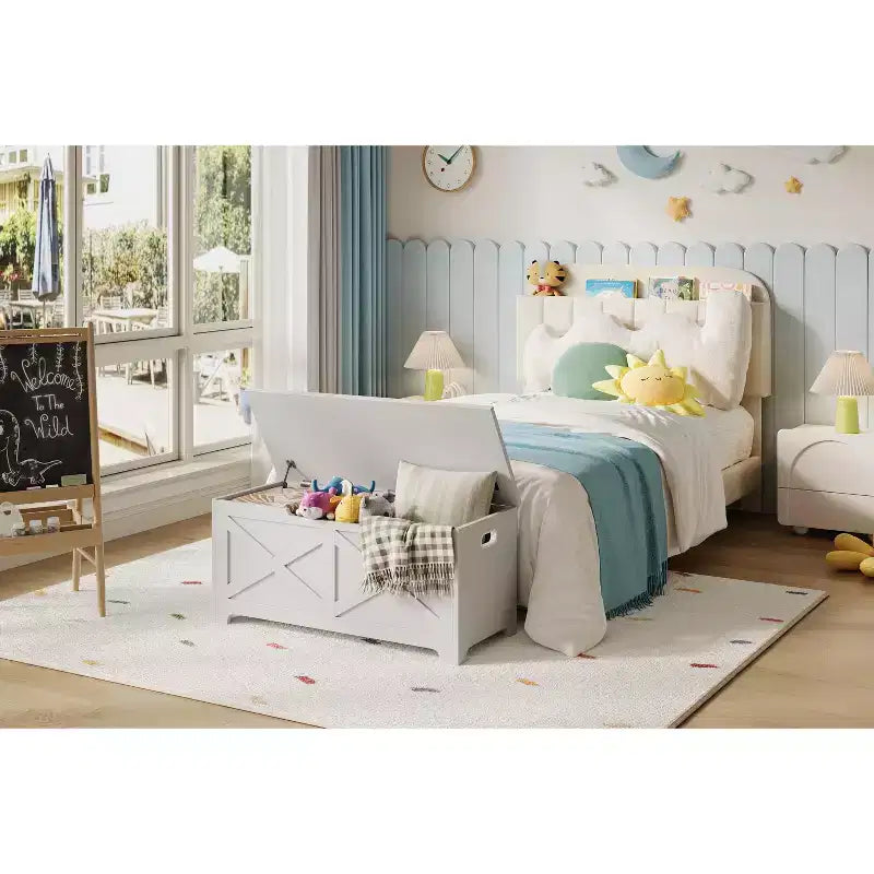 Tabouret de rangement décoratif en MDF 100 cm - Unité de rangement décorative, repose-pieds élégant, pieds aux formes uniques, solution de rangement multifonctionnelle.