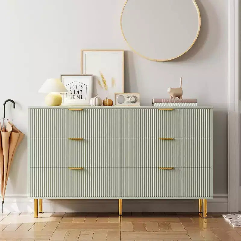 Commode à six tiroirs, meuble de rangement moderne en bois avec poignées en métal doré et dispositif anti-basculement, convient pour les chambres à coucher, les salons.