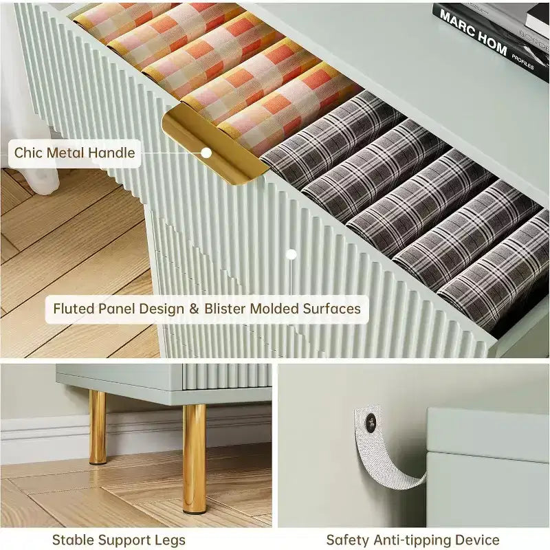 Commode à six tiroirs, meuble de rangement moderne en bois avec poignées en métal doré et dispositif anti-basculement, convient pour les chambres à coucher, les salons.
