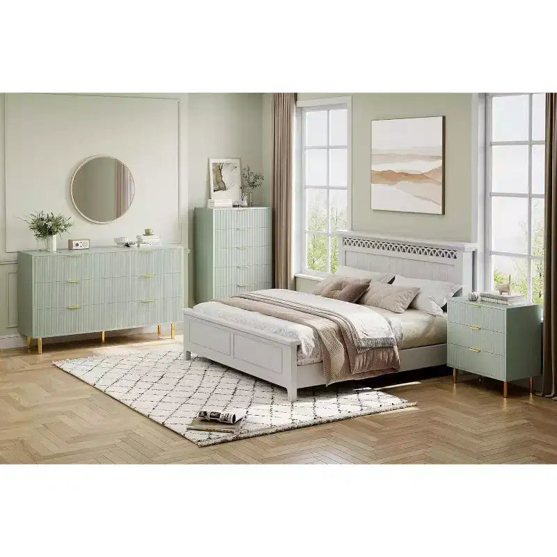 Commode à six tiroirs, meuble de rangement moderne en bois avec poignées en métal doré et dispositif anti-basculement, convient pour les chambres à coucher, les salons.