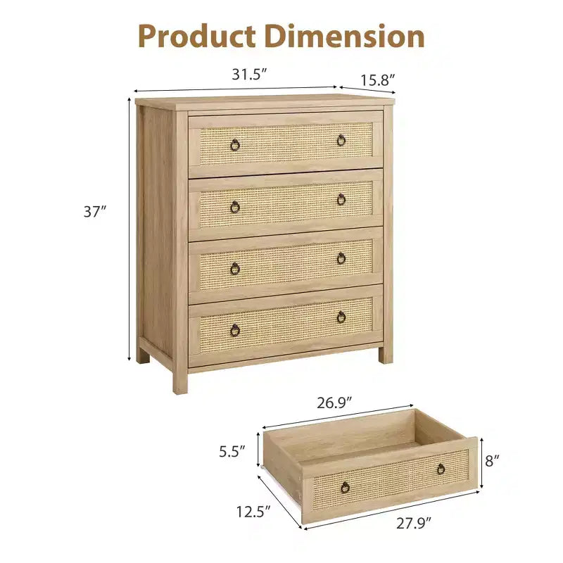 Commode 4 tiroirs pour chambre à coucher, commode en rotin avec poignées métalliques, table de chevet haute et étroite de 94 cm, armoire de rangement en bois pour vêtements de salon