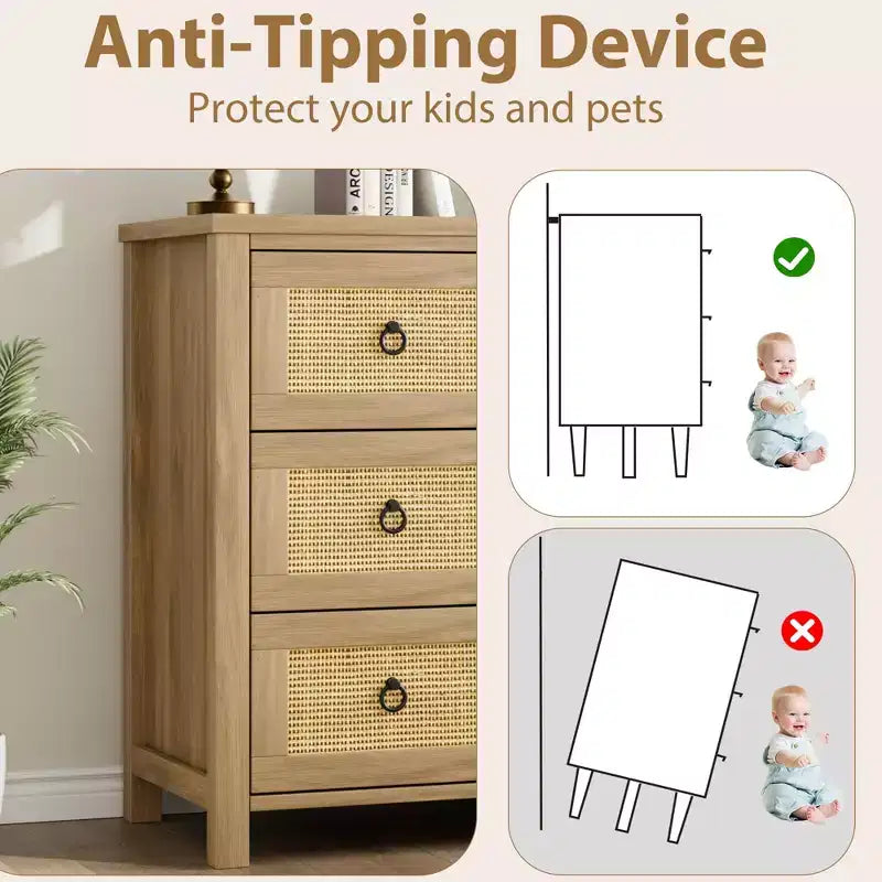 Commode 4 tiroirs pour chambre à coucher, commode en rotin avec poignées métalliques, table de chevet haute et étroite de 94 cm, armoire de rangement en bois pour vêtements de salon