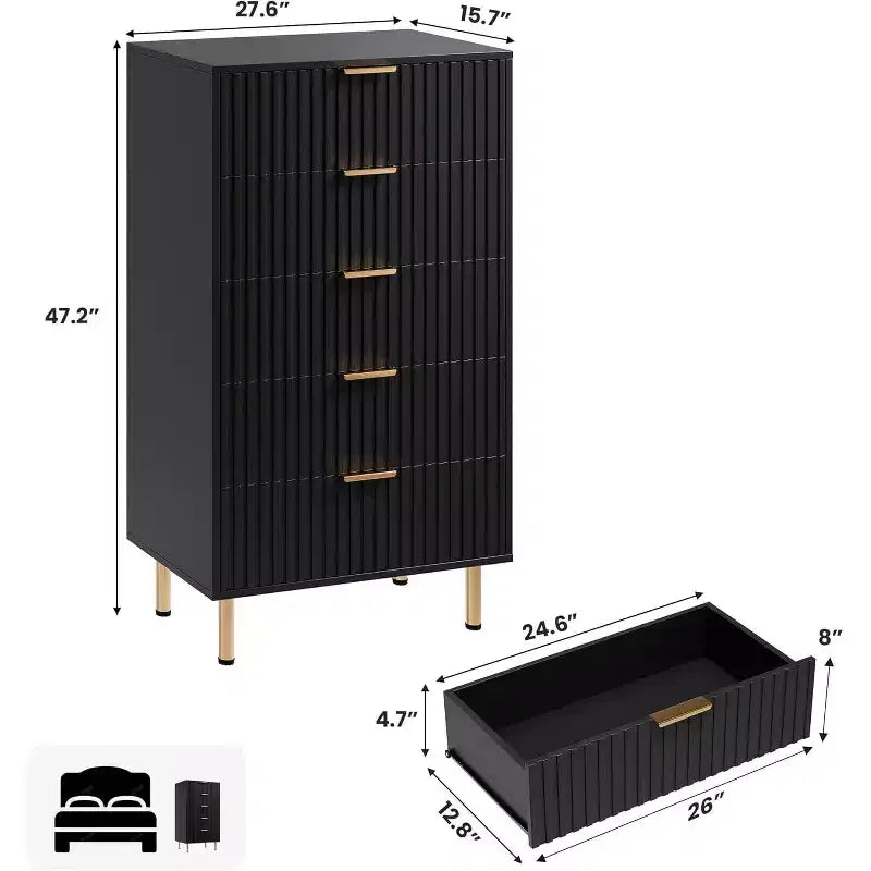 Commode de chambre haute à cinq tiroirs à rainures modernes, armoire à tiroirs de 48 pouces de haut, rangement profond avec plateau large, adaptée au salon, au couloir, noire