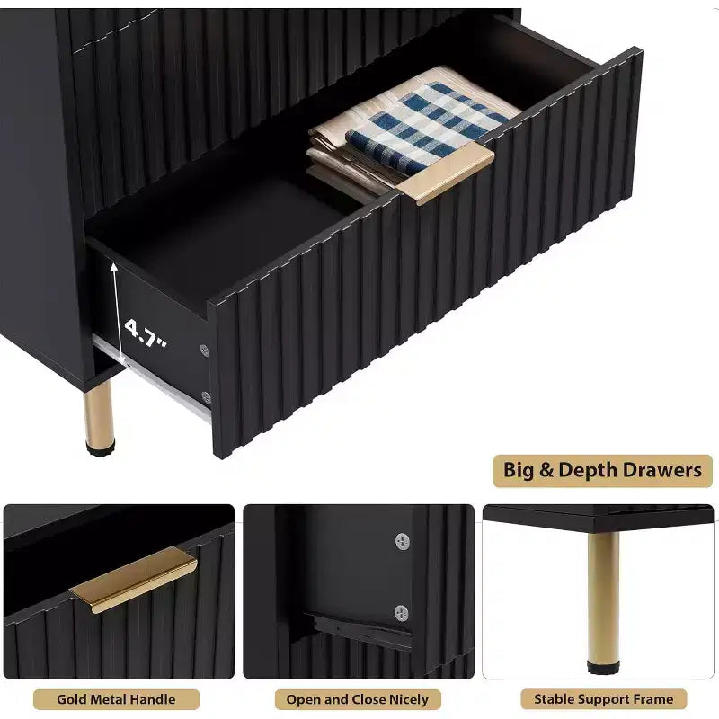 Commode de chambre haute à cinq tiroirs à rainures modernes, armoire à tiroirs de 48 pouces de haut, rangement profond avec plateau large, adaptée au salon, au couloir, noire