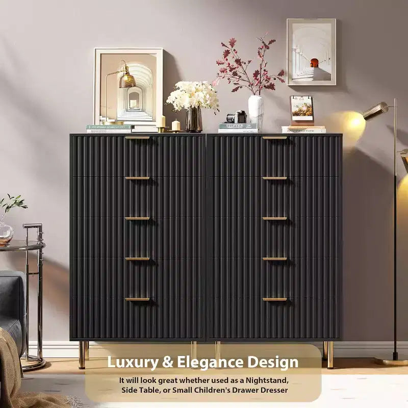 Commode de chambre haute à cinq tiroirs à rainures modernes, armoire à tiroirs de 48 pouces de haut, rangement profond avec plateau large, adaptée au salon, au couloir, noire