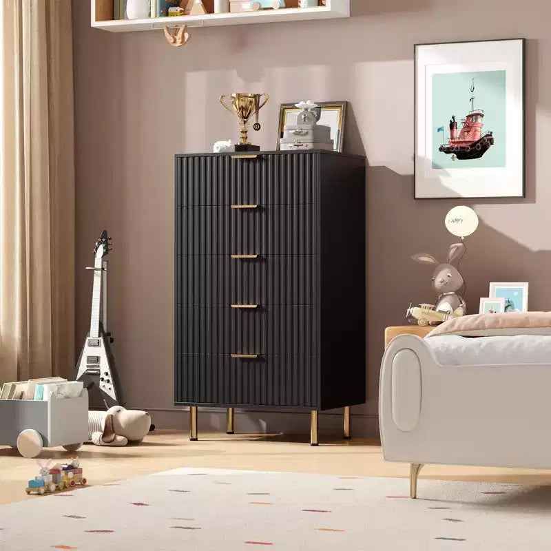 Commode de chambre haute à cinq tiroirs à rainures modernes, armoire à tiroirs de 48 pouces de haut, rangement profond avec plateau large, adaptée au salon, au couloir, noire