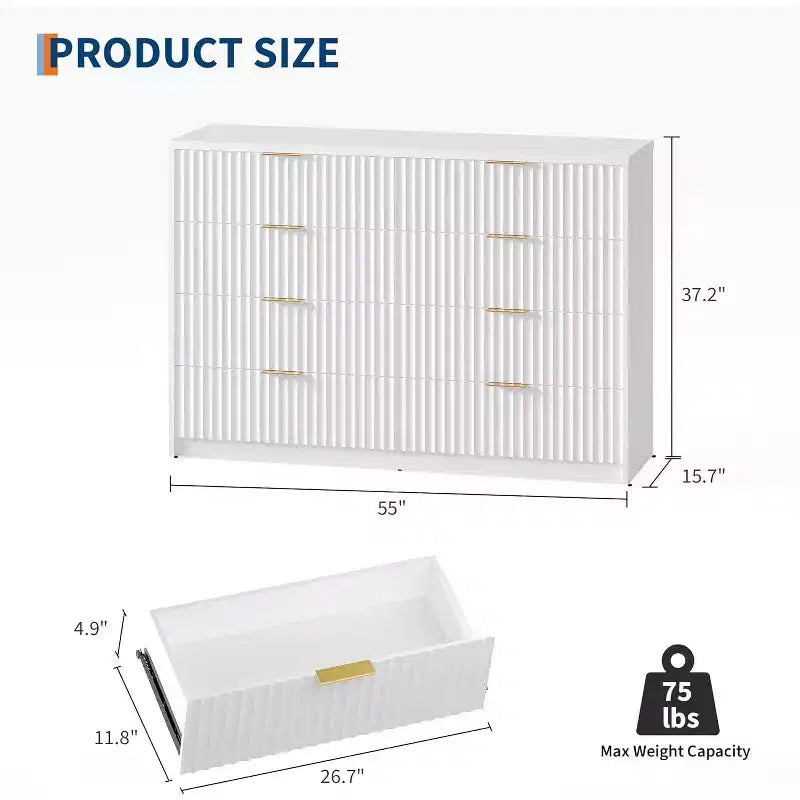 Coiffeuse à motif rainuré avec 8 tiroirs et double niveau, grande capacité avec dispositif anti-basculement, équipée de poignées métalliques