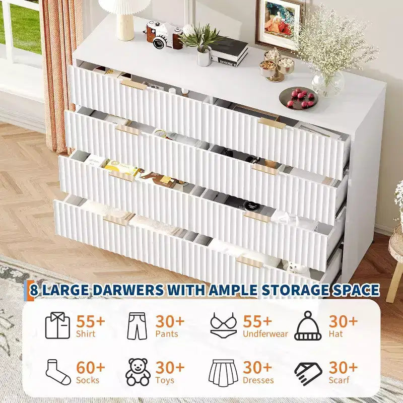 Coiffeuse à motif rainuré avec 8 tiroirs et double niveau, grande capacité avec dispositif anti-basculement, équipée de poignées métalliques