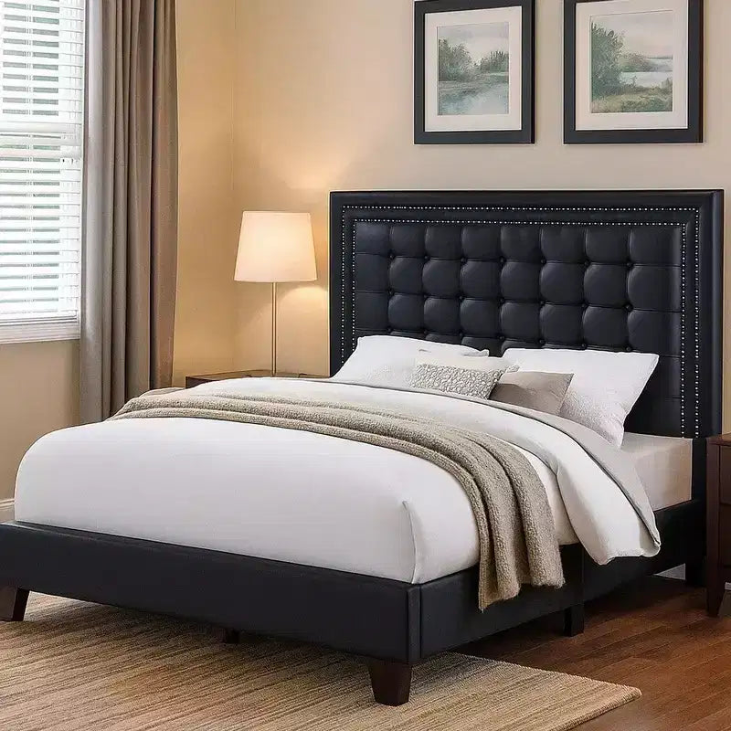 Lit Queen Plateforme Moderne Royal Hampton, Capitonnage Profond, Similicuir Noir
