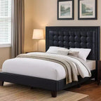 Lit Queen Plateforme Moderne Royal Hampton, Capitonnage Profond, Similicuir Noir