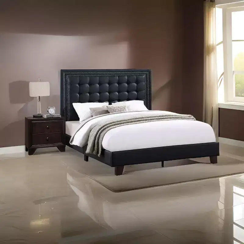 Lit Queen Plateforme Moderne Royal Hampton, Capitonnage Profond, Similicuir Noir