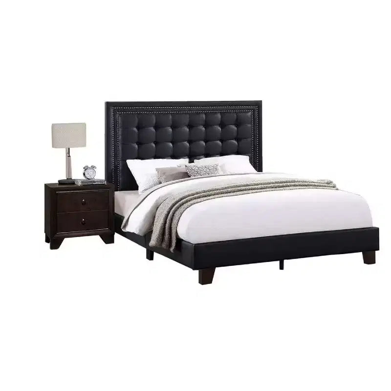 Lit Queen Plateforme Moderne Royal Hampton, Capitonnage Profond, Similicuir Noir