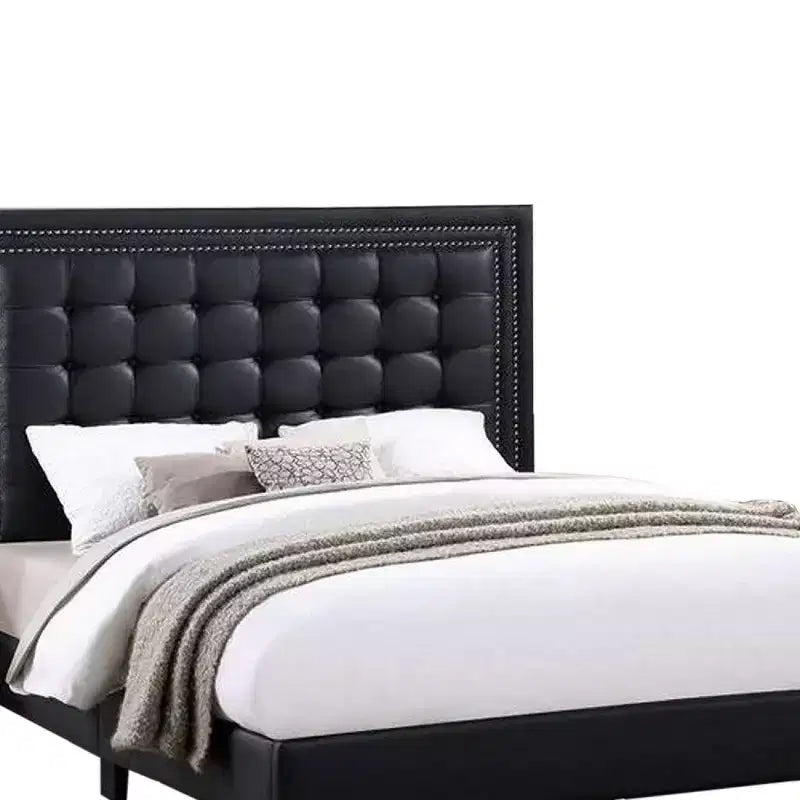 Lit Queen Plateforme Moderne Royal Hampton, Capitonnage Profond, Similicuir Noir