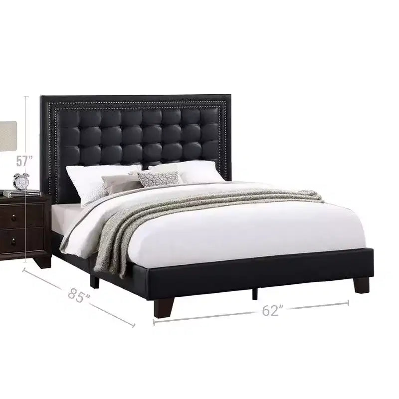 Lit Queen Plateforme Moderne Royal Hampton, Capitonnage Profond, Similicuir Noir