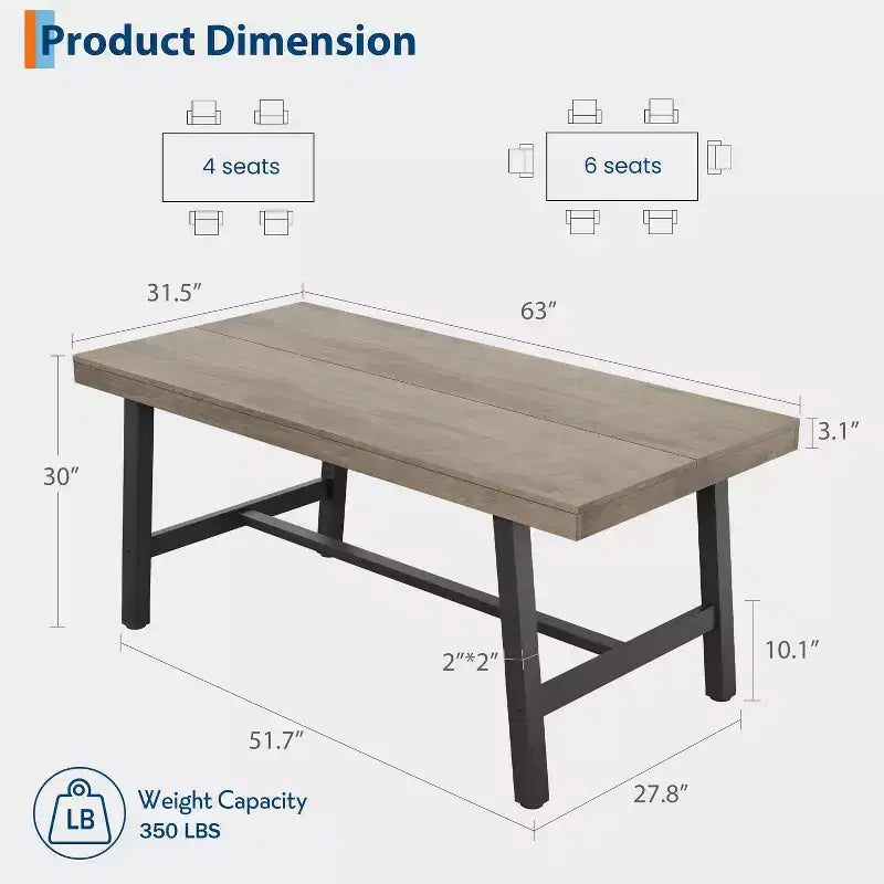 Table à manger GustoWave de 63 pouces pour 4 à 6 personnes, table de cuisine rectangulaire aspect bois avec cadre en métal