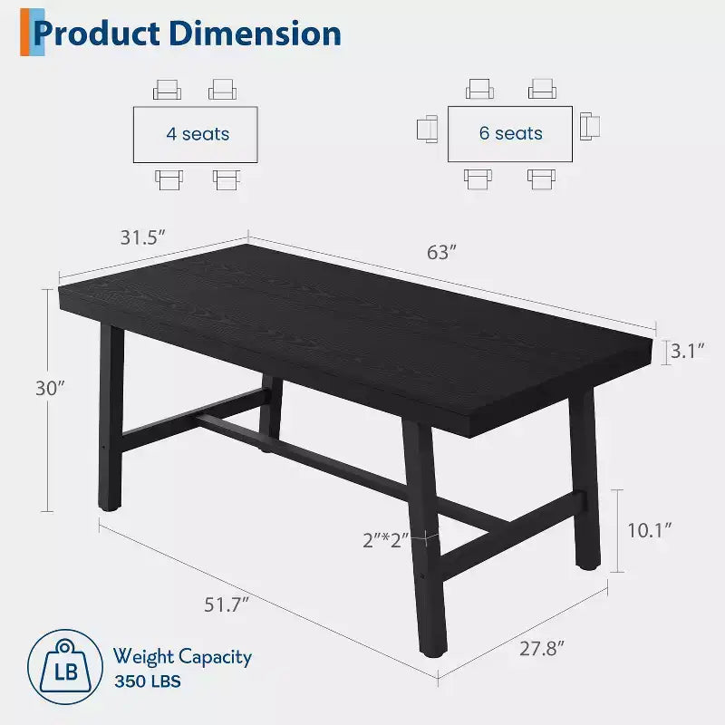 Table à manger GustoWave de 63 pouces pour 4 à 6 personnes, table de cuisine rectangulaire aspect bois avec cadre en métal
