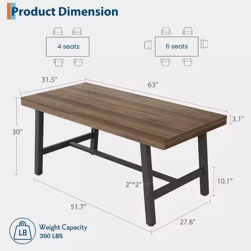 Table à manger GustoWave de 63 pouces pour 4 à 6 personnes, table de cuisine rectangulaire aspect bois avec cadre en métal