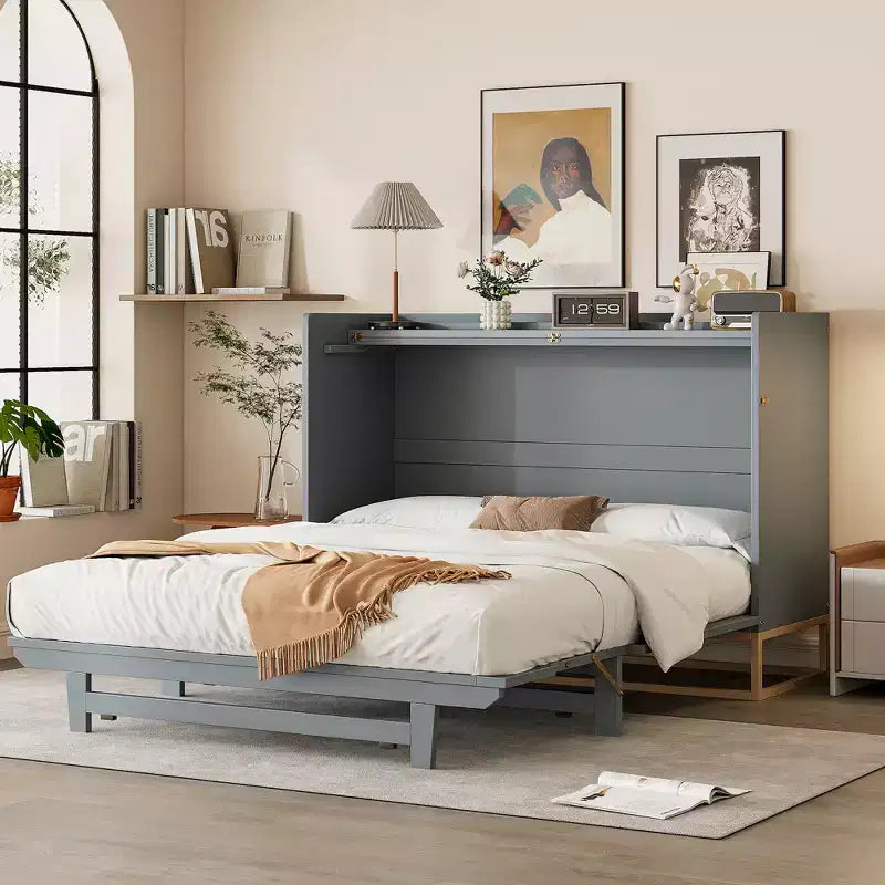 Lit mural escamotable Queen Murphy Bed avec pieds dorés, lit armoire queen size pliant pour chambre d'amis/bureau