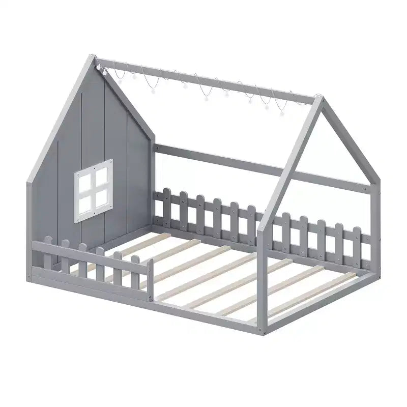 Lit de sol pleine grandeur pour enfants, lit Montessori en bois avec clôture et lumière LED, lit cabane pleine grandeur avec fenêtre et toit pour filles et garçons