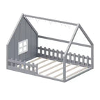 Lit de sol pleine grandeur pour enfants, lit Montessori en bois avec clôture et lumière LED, lit cabane pleine grandeur avec fenêtre et toit pour filles et garçons