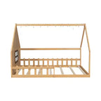 Lit de sol pleine grandeur pour enfants, lit Montessori en bois avec clôture et lumière LED, lit cabane pleine grandeur avec fenêtre et toit pour filles et garçons