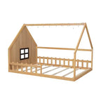 Lit de sol pleine grandeur pour enfants, lit Montessori en bois avec clôture et lumière LED, lit cabane pleine grandeur avec fenêtre et toit pour filles et garçons