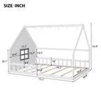 Lit de sol pleine grandeur pour enfants, lit Montessori en bois avec clôture et lumière LED, lit cabane pleine grandeur avec fenêtre et toit pour filles et garçons