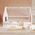 Lit de sol pleine grandeur pour enfants, lit Montessori en bois avec clôture et lumière LED, lit cabane pleine grandeur avec fenêtre et toit pour filles et garçons