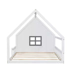 Lit de sol pleine grandeur pour enfants, lit Montessori en bois avec clôture et lumière LED, lit cabane pleine grandeur avec fenêtre et toit pour filles et garçons