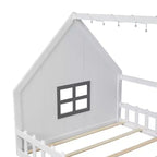 Lit de sol pleine grandeur pour enfants, lit Montessori en bois avec clôture et lumière LED, lit cabane pleine grandeur avec fenêtre et toit pour filles et garçons