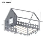 Lit de sol pleine grandeur pour enfants, lit Montessori en bois avec clôture et lumière LED, lit cabane pleine grandeur avec fenêtre et toit pour filles et garçons