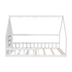Lit de sol pleine grandeur pour enfants, lit Montessori en bois avec clôture et lumière LED, lit cabane pleine grandeur avec fenêtre et toit pour filles et garçons