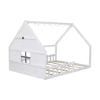 Lit de sol pleine grandeur pour enfants, lit Montessori en bois avec clôture et lumière LED, lit cabane pleine grandeur avec fenêtre et toit pour filles et garçons