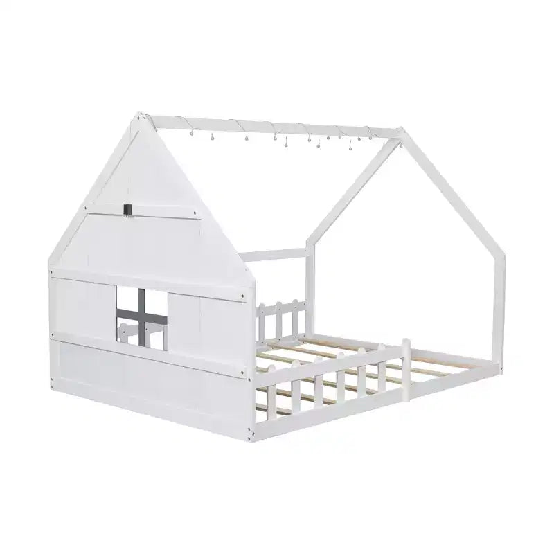 Lit de sol pleine grandeur pour enfants, lit Montessori en bois avec clôture et lumière LED, lit cabane pleine grandeur avec fenêtre et toit pour filles et garçons