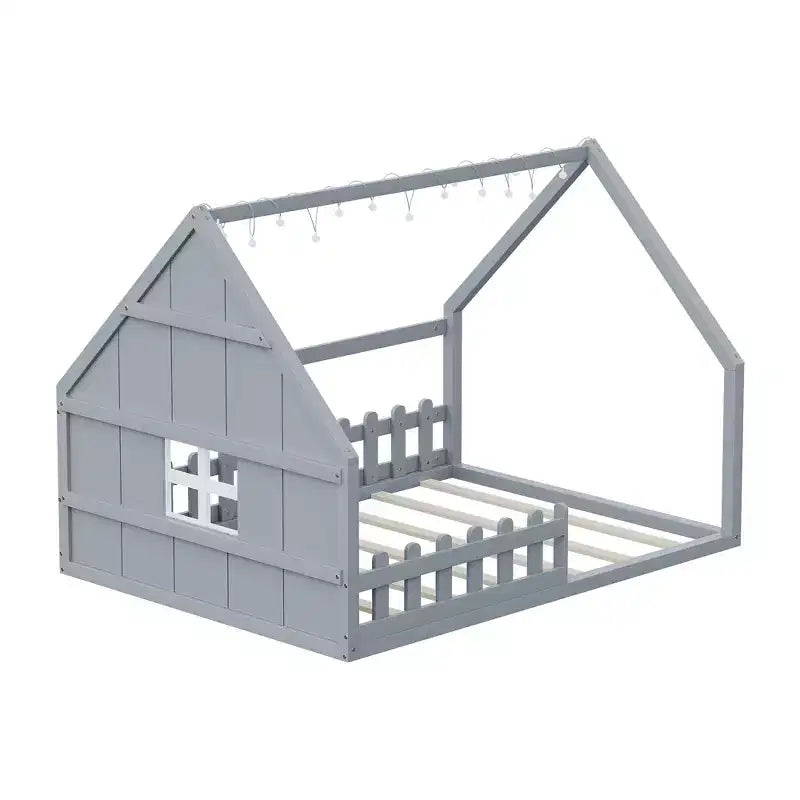 Lit de sol pleine grandeur pour enfants, lit Montessori en bois avec clôture et lumière LED, lit cabane pleine grandeur avec fenêtre et toit pour filles et garçons