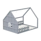 Lit de sol pleine grandeur pour enfants, lit Montessori en bois avec clôture et lumière LED, lit cabane pleine grandeur avec fenêtre et toit pour filles et garçons