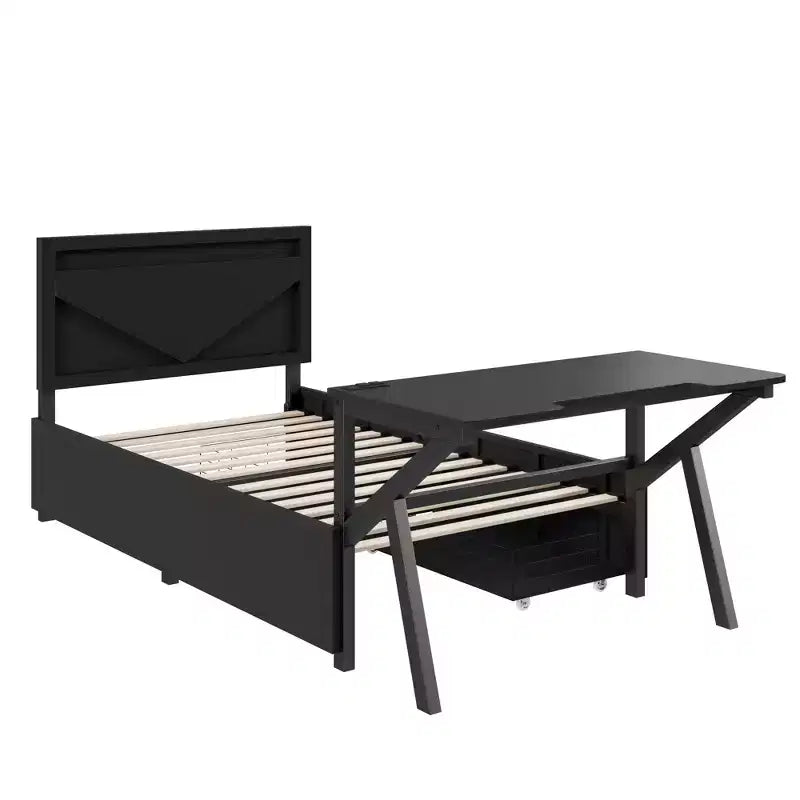 Lit de jeu double/complet avec bureau et tête de lit LED, lit de jeu en métal avec tiroirs de rangement pour enfants et adultes, noir