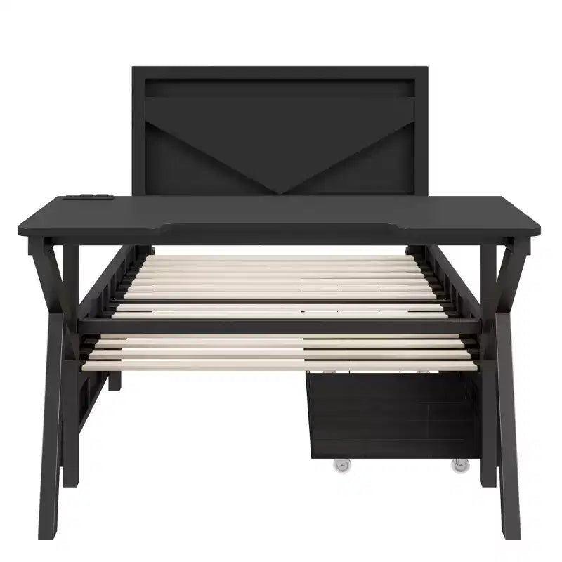 Lit de jeu double/complet avec bureau et tête de lit LED, lit de jeu en métal avec tiroirs de rangement pour enfants et adultes, noir