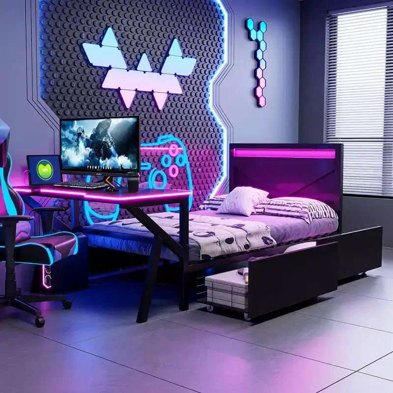 Lit de jeu double/complet avec bureau et tête de lit LED, lit de jeu en métal avec tiroirs de rangement pour enfants et adultes, noir