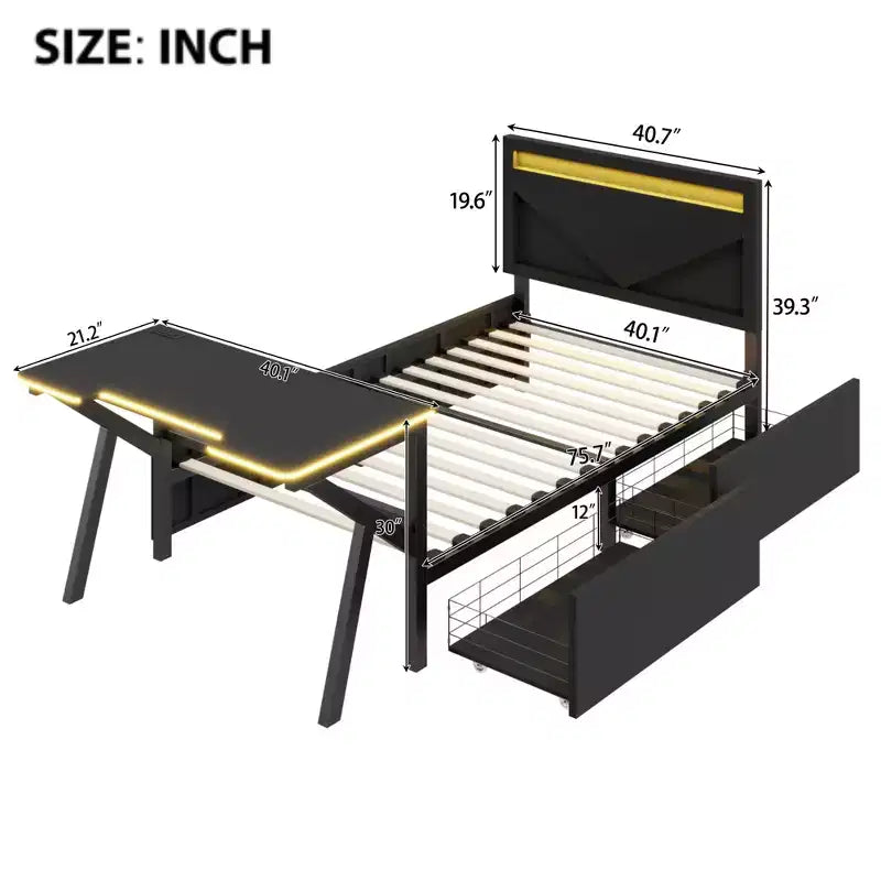 Lit de jeu double/complet avec bureau et tête de lit LED, lit de jeu en métal avec tiroirs de rangement pour enfants et adultes, noir