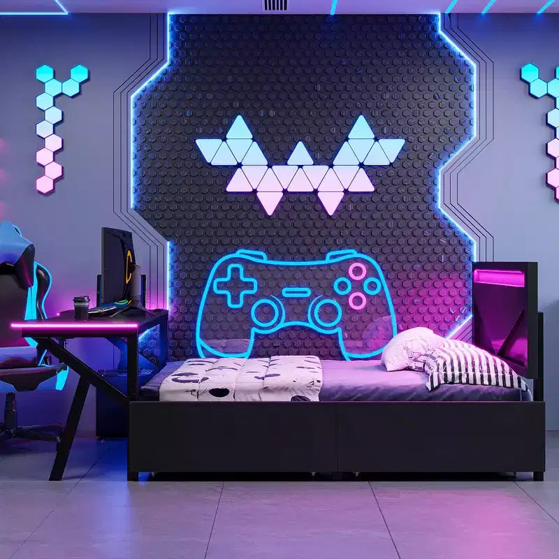 Lit de jeu double/complet avec bureau et tête de lit LED, lit de jeu en métal avec tiroirs de rangement pour enfants et adultes, noir